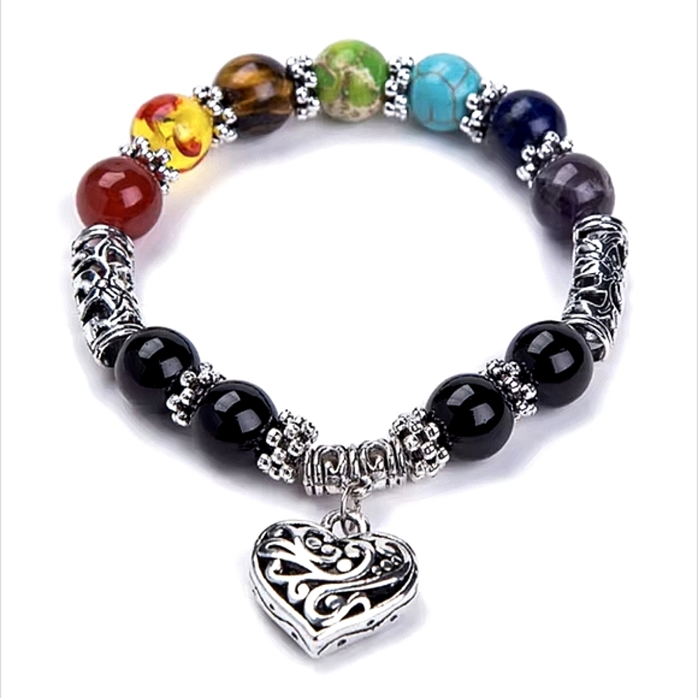 Heart Pendant Bracelet Natural Stone Bead Bracelets Silvery Chakra Bracelet - Picture 2 of 6